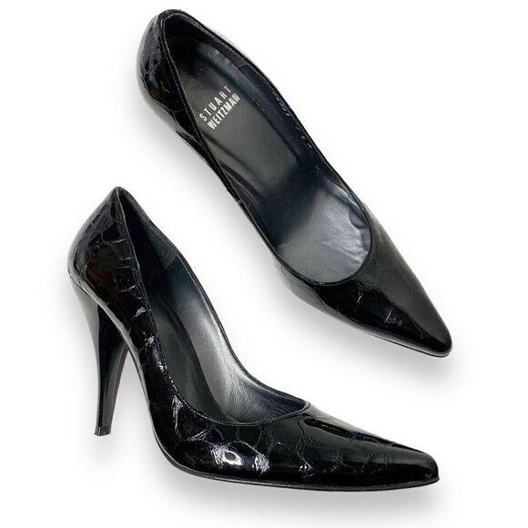 Stuart Weitzman Black Croc Embossed Patent Leather Pointed Toe Pumps Size 7.5 M - Picture 3 of 11
